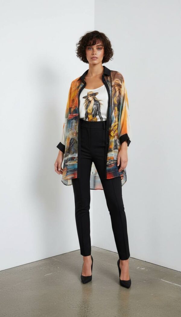 Vibrant Artistic Print Sheer Shirt