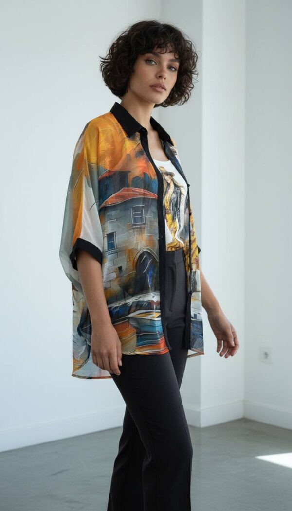 Vibrant Artistic Print Sheer Shirt