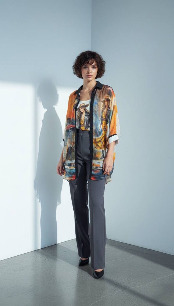 Vibrant Artistic Print Sheer Shirt