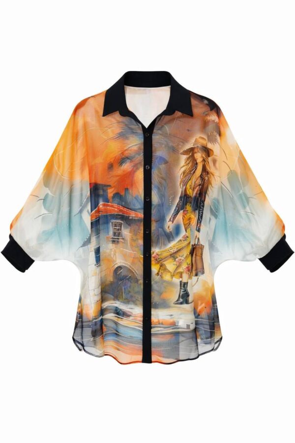 Vibrant Artistic Print Sheer Shirt