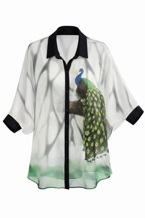 Elegant Peacock Print Sheer Shirt