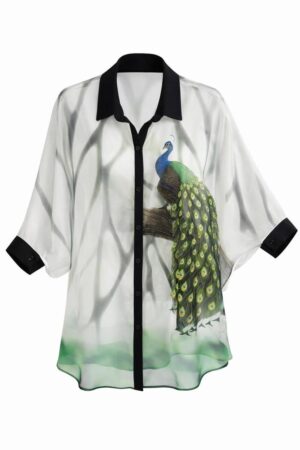 Elegant Peacock Print Sheer Shirt