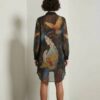 Artistic Bird Print Sheer Dress