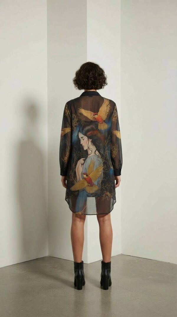 Artistic Bird Print Sheer Dress