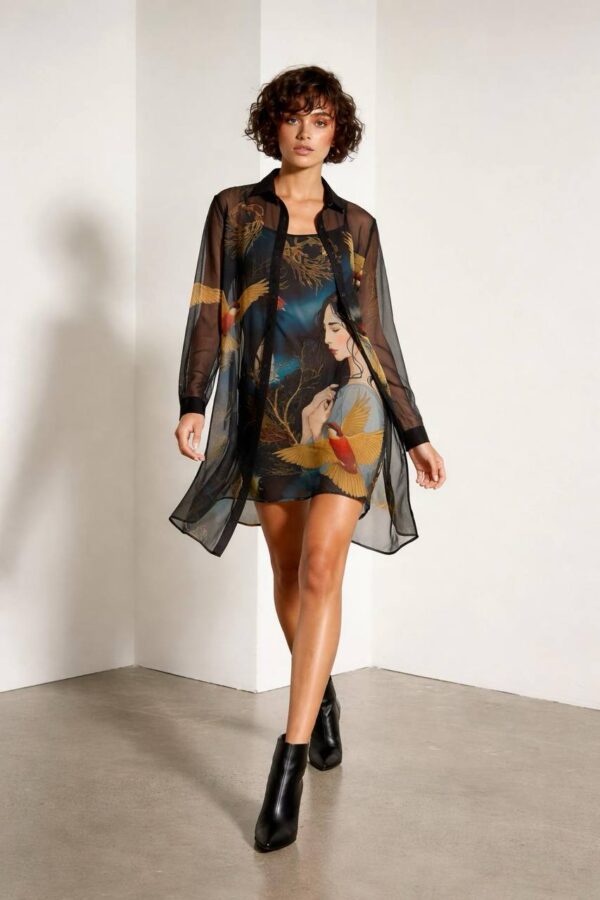 Artistic Bird Print Sheer Dress