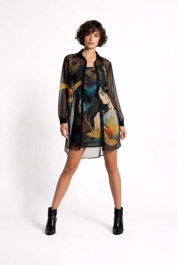 Artistic Bird Print Sheer Dress