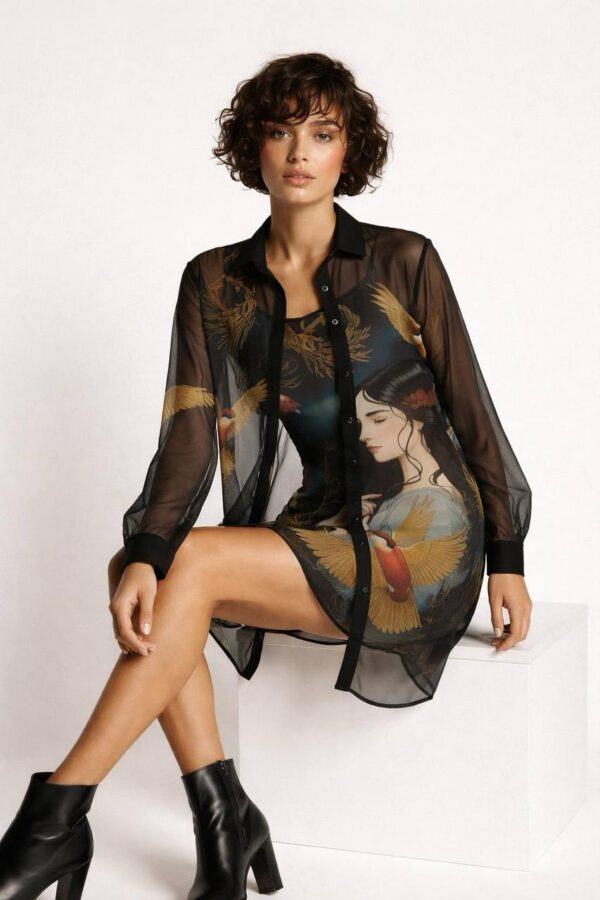 Artistic Bird Print Sheer Dress