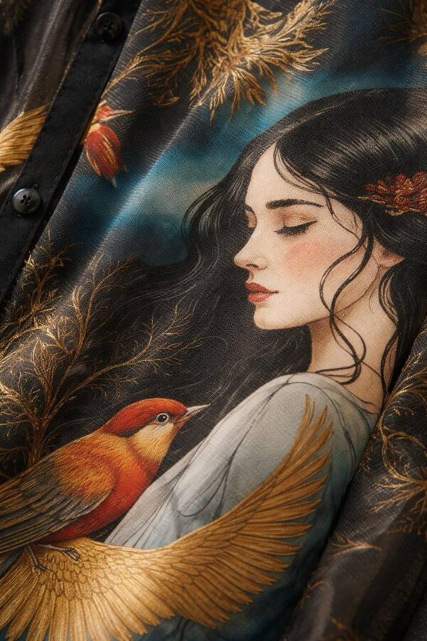 Artistic Bird Print Sheer Dress