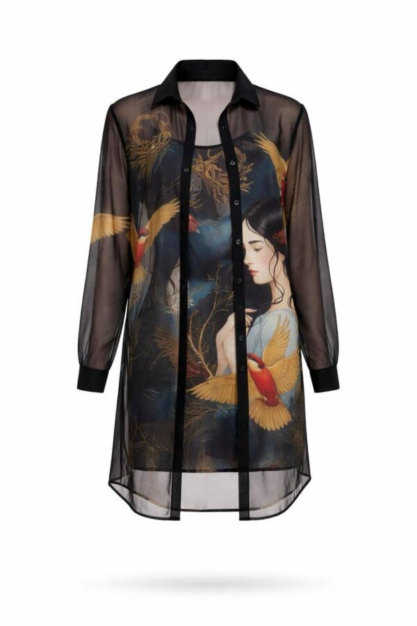 Artistic Bird Print Sheer Dress