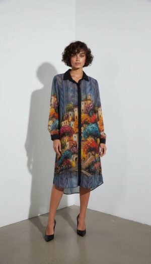 Artistic Landscape Print Shirt Dress