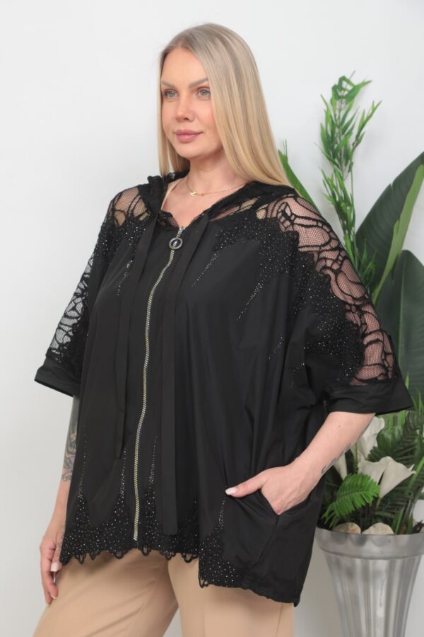 Lace-Detailed Hooded Cape Jacket with Rhinestone Accents