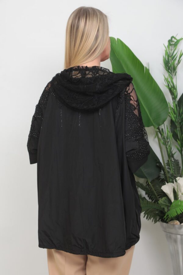 Lace-Detailed Hooded Cape Jacket with Rhinestone Accents