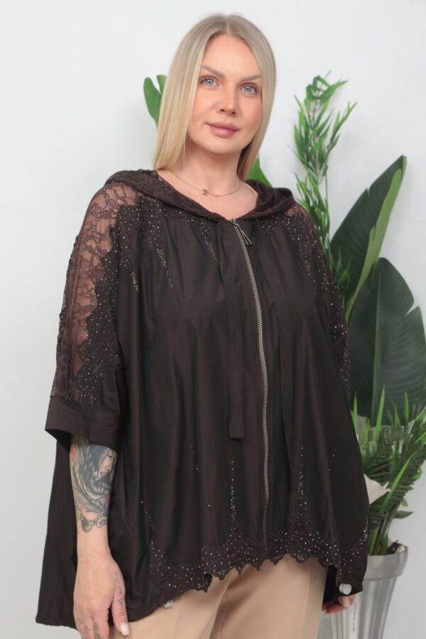 Lace-Detailed Hooded Cape Jacket with Rhinestone Accents