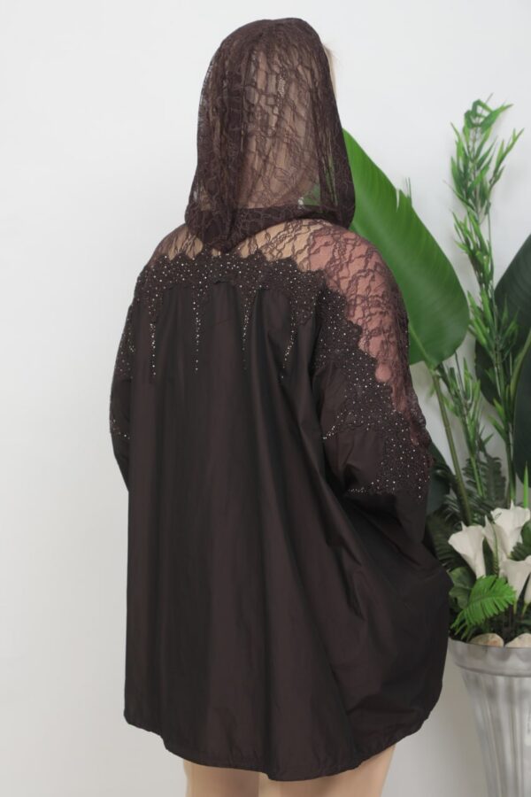 Lace-Detailed Hooded Cape Jacket with Rhinestone Accents
