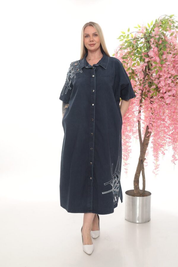 Embroidered Dark Denim Shirt Dress
