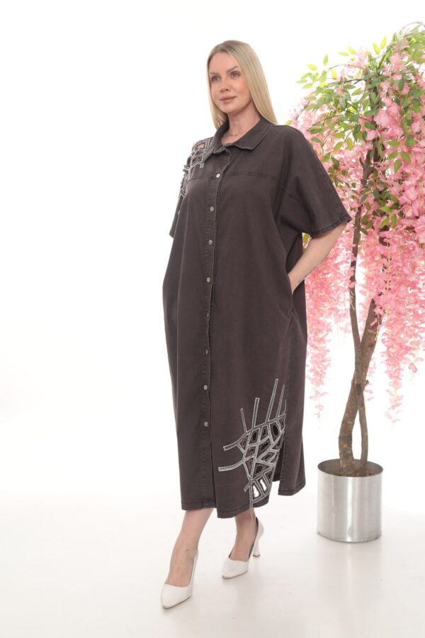 Embroidered Dark Denim Shirt Dress