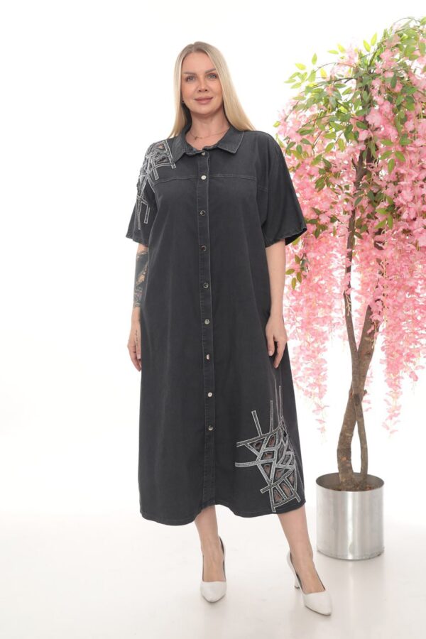 Embroidered Dark Denim Shirt Dress