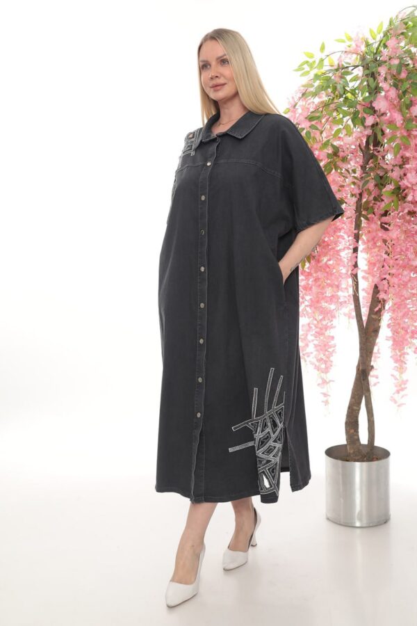 Embroidered Dark Denim Shirt Dress