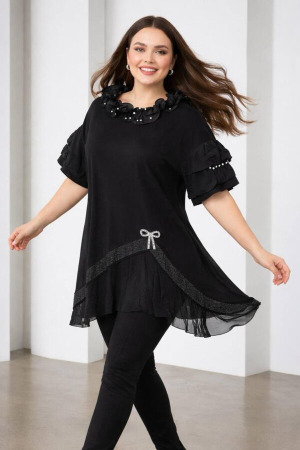 Elegant Ruffled Layered Black Blouse with Embellishments