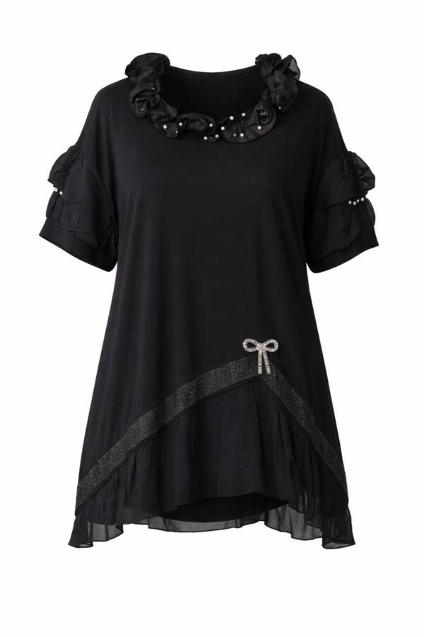 Elegant Ruffled Layered Black Blouse with Embellishments