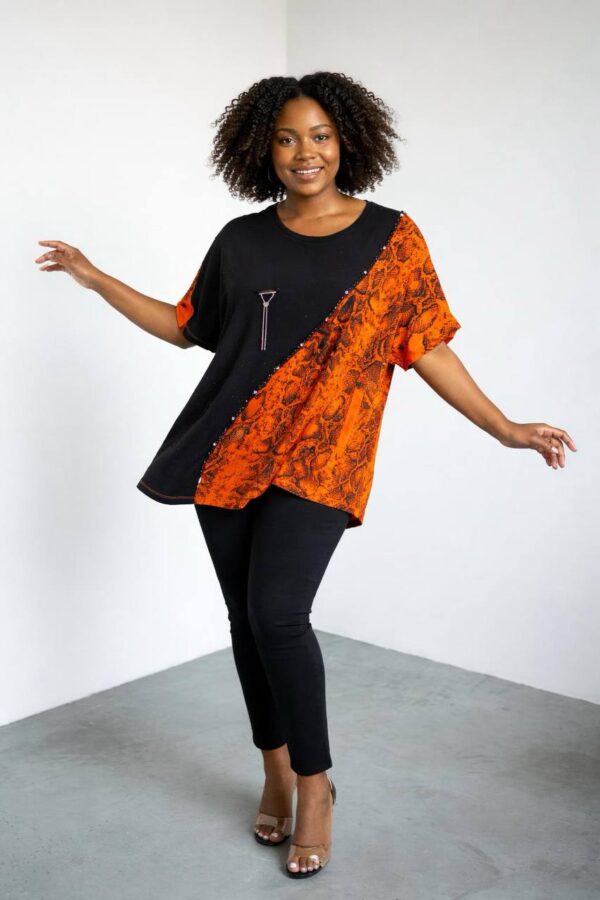 Elegant Asymmetrical Orange Snakeskin Print Blouse