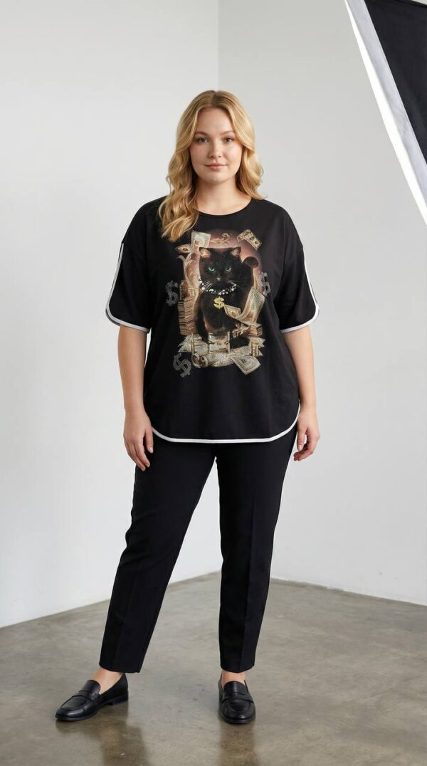 Women's Graphic Cat Print Blouse with Contrast Piping