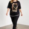 Women's Graphic Cat Print Blouse with Contrast Piping