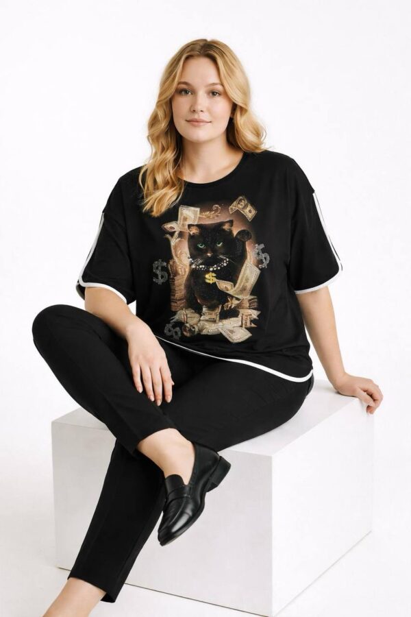 Women's Graphic Cat Print Blouse with Contrast Piping