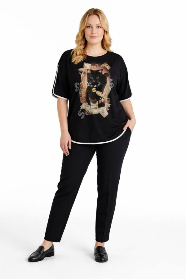 Women's Graphic Cat Print Blouse with Contrast Piping