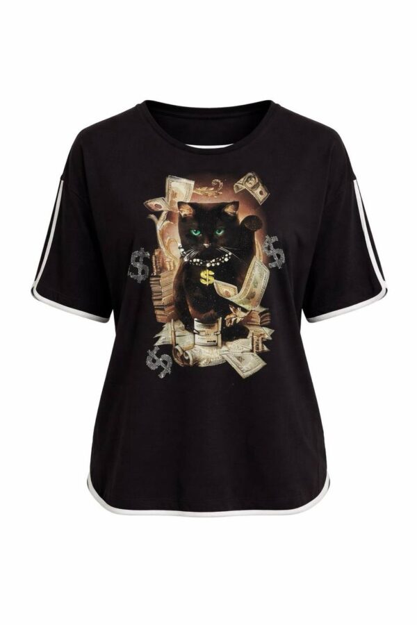 Women's Graphic Cat Print Blouse with Contrast Piping