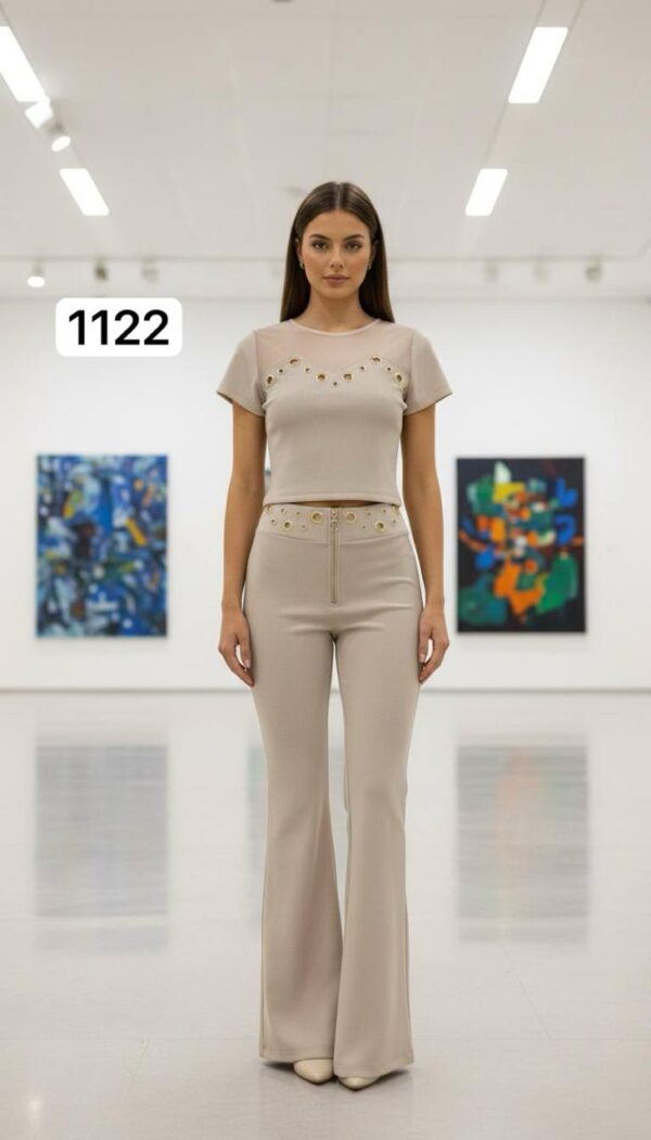 Chic Grommet Detail Two-Piece Set with Flared Pants