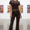Chic Grommet Detail Two-Piece Set with Flared Pants