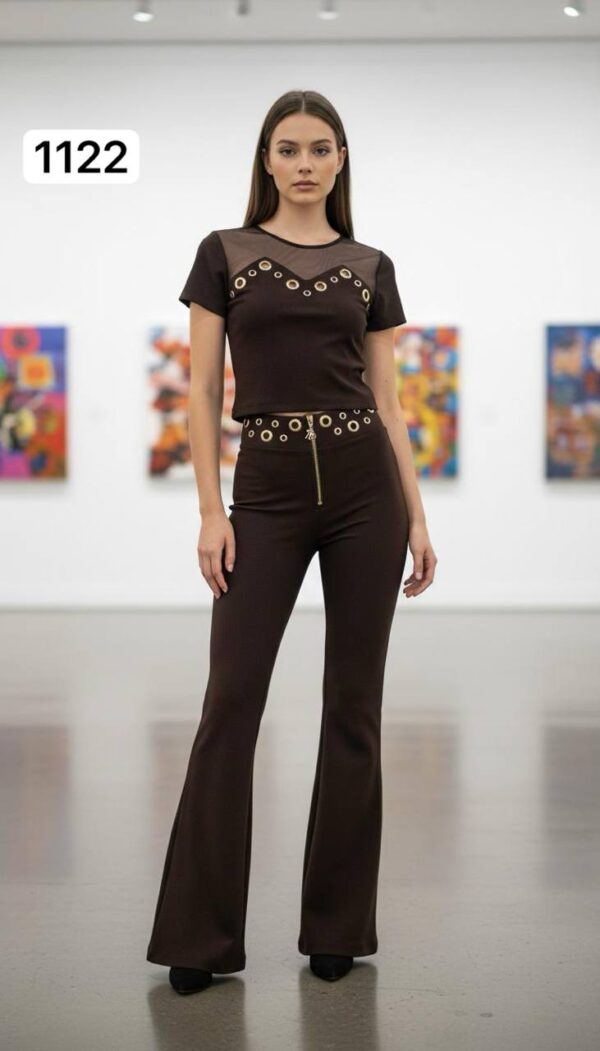 Chic Grommet Detail Two-Piece Set with Flared Pants