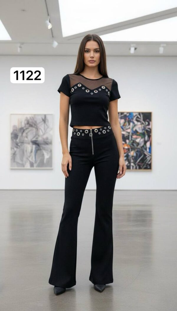Chic Grommet Detail Two-Piece Set with Flared Pants