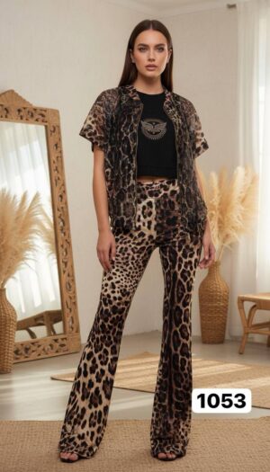 Leopard Print Three-Piece Women's T-Shirt and Pants Set