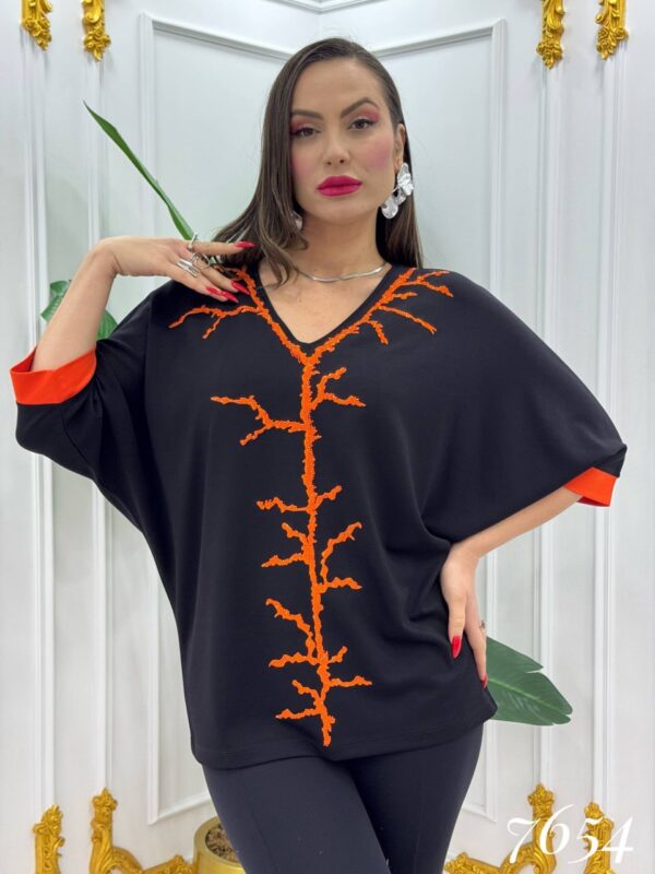 Elegant V-Neck Blouse with Contrast Coral Embroidery