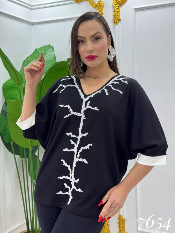 Elegant V-Neck Blouse with Contrast Coral Embroidery