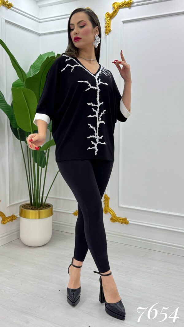 Elegant V-Neck Blouse with Contrast Coral Embroidery