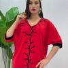 Elegant V-Neck Blouse with Contrast Coral Embroidery