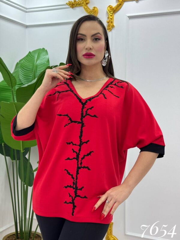Elegant V-Neck Blouse with Contrast Coral Embroidery
