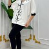 Elegant V-Neck Blouse with Contrast Coral Embroidery