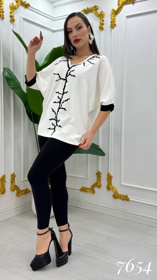 Elegant V-Neck Blouse with Contrast Coral Embroidery