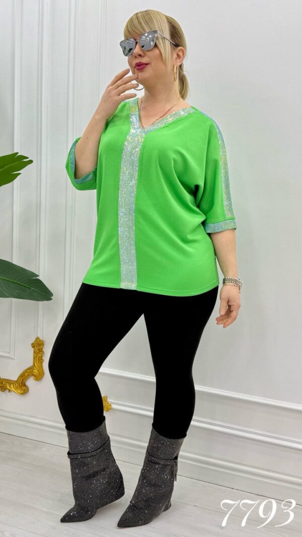 Elegant V-Neck Green Blouse with Sequin Detailing