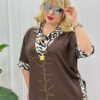 Women's Animal Print Trim Embellished Brown Blouse
