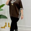 Women's Animal Print Trim Embellished Brown Blouse