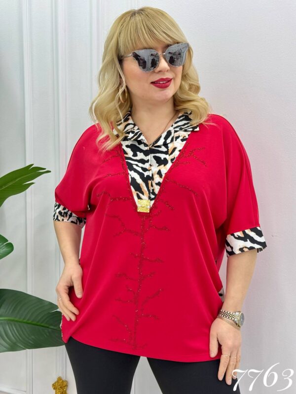 Women's Animal Print Trim Embellished Brown Blouse