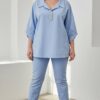 Elegant Light Blue V-Neck Tunic with Rhinestone Detail