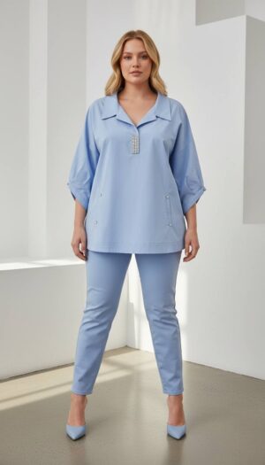 Elegant Light Blue V-Neck Tunic with Rhinestone Detail