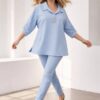 Elegant Light Blue V-Neck Tunic with Rhinestone Detail