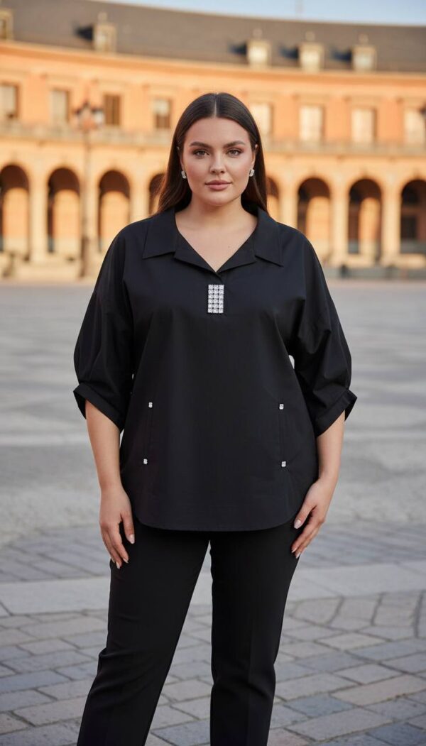 Elegant Light Blue V-Neck Tunic with Rhinestone Detail